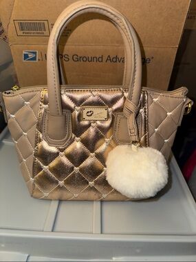 Betsey Johnson Quilted Metallic Tote with Pom Charm small call out on front
